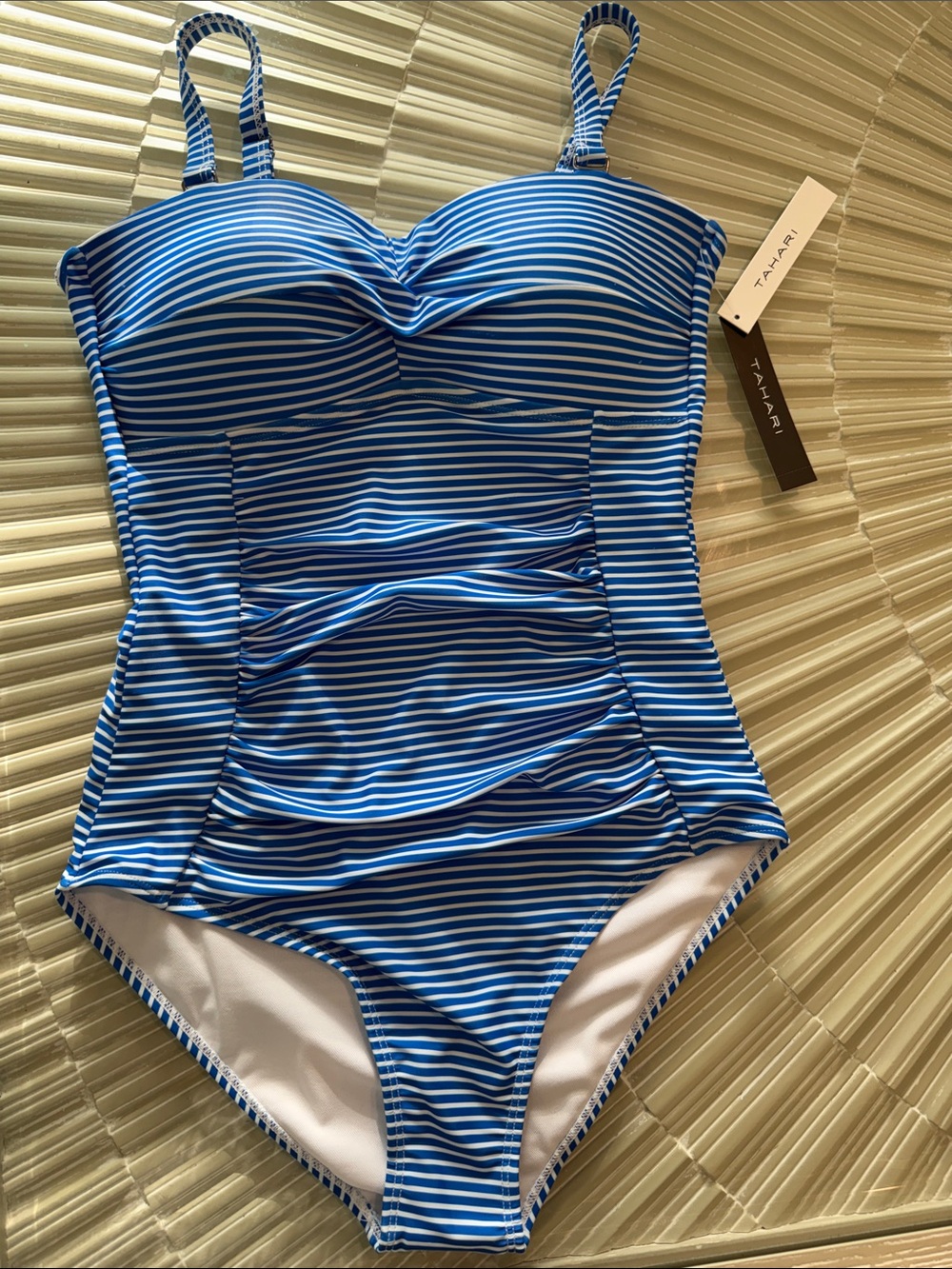 Tahari Blue & White Ruched  One-Piece Swimsuit.